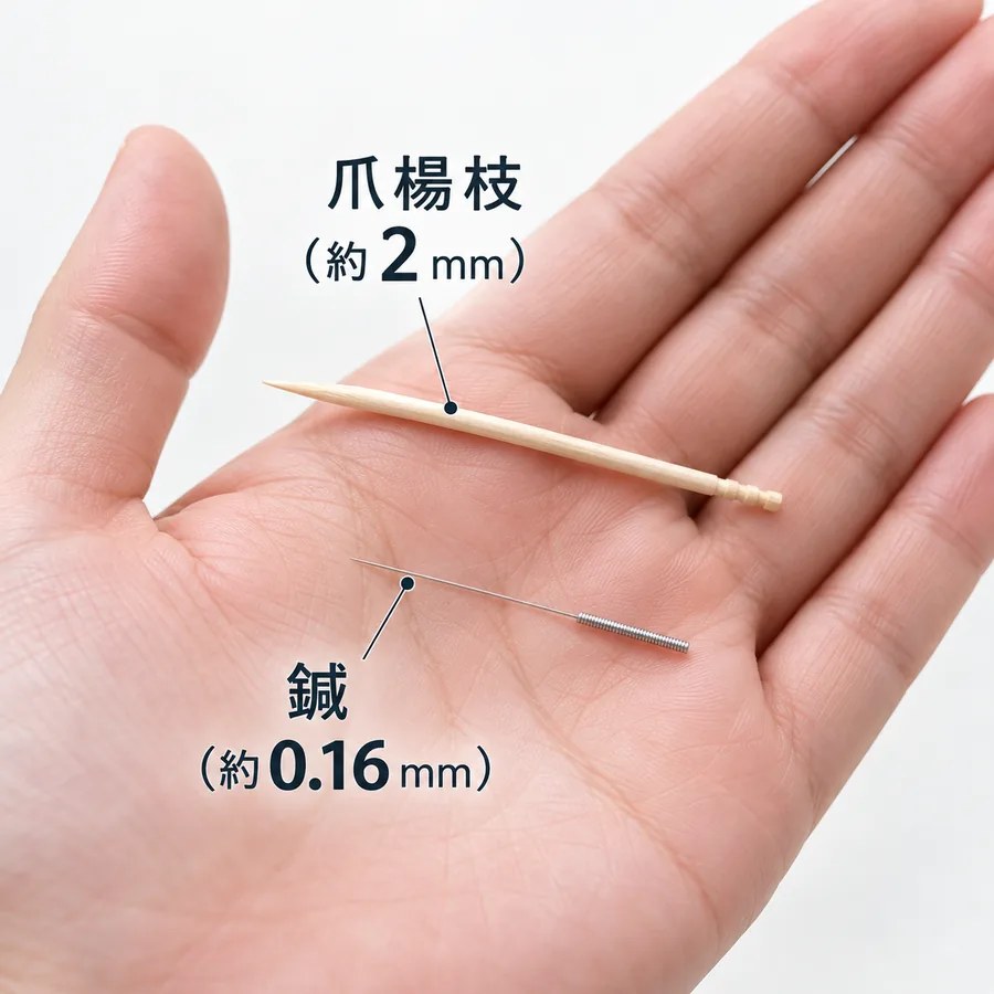 爪楊枝（約2mm）と鍼（約0.16mm）の太さを比べたイメージ