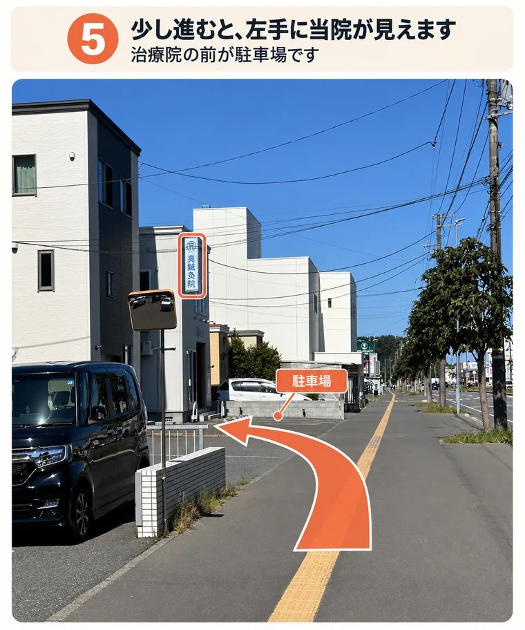 5. 少し進むと、左手に当院が見えます。院の前が駐車場です